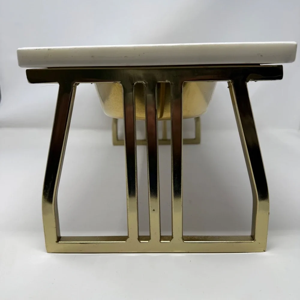 Modern Elevated Pet Feeder White Marble Gold Brass Colored Metal Base Bowls